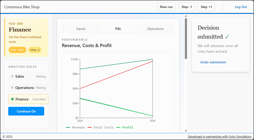 The Finance person has submitted their decisions for step 2