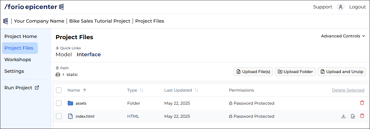 Project files screen