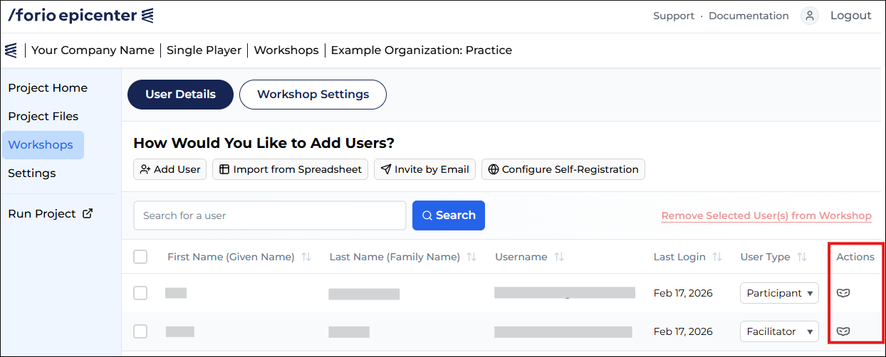 Workshop page with the 'Impersonate user' action icons highlighted