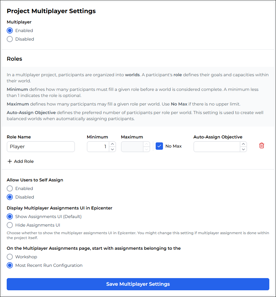 Multiplayer assignment settings
