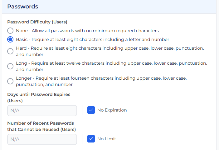 User password complexity settings